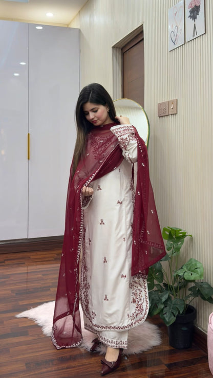 SNOW DROP EMBROIDERED 3PC LADIES FASHION DRESSES Raj Kumari Collections