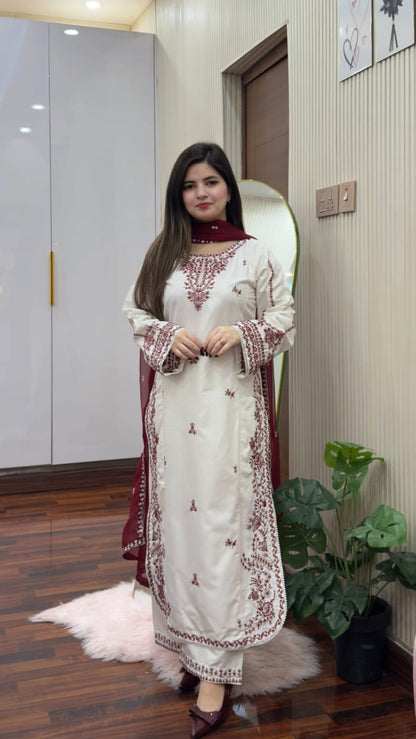 SNOW DROP EMBROIDERED 3PC LADIES FASHION DRESSES Raj Kumari Collections
