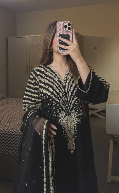 BLACK PEACOCK EMBROIDERED 3PC LADIES FASHION DRESSES Raj Kumari Collections